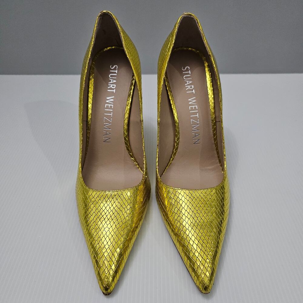 Stuart Weitzman Metallic Yellow Snakeskin Pointed-Toe Pumps - Picture 4 of 16